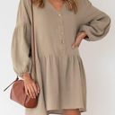 V Neck Long Sleeve Babydoll Button Front Swing Tunic Dress with Pockets Khaki S Tan Photo 1