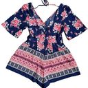 Trixxi  Blue Multicolor Womens Juniors Surplice Printed Romper, Small Photo 0