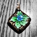 None Hand Blown Diamond Shaped Green Blue Flowering Plant Glass Floral Pendant Photo 5