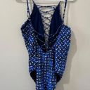 La Blanca  Daily Grind Lace Up Plunge Blue One Piece Bathing Suit Monokini Sz 16 Photo 3