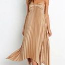 Petal and Pup  Vikki Gold Satin Pleated Asymmetrical Hem Midi Dress 10 Photo 1