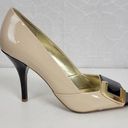 Unisa  Womens Shoes Size 7.5 Tan Black Patent Leather Peep Toe Slip On Heels Photo 0