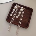 Elegant White Pearl Dangle Drop Earrings for Women,CZ Tassel Pearl Earrings Gold Photo 2