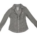 Guess Gray White Stripe Ruffle Fitted V-neck Button Up Shirt Size Medium Stretch Photo 2