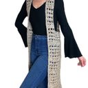 Vintage Handmade Cream & Brown Crochet Long Hippie Open Vest Photo 0