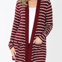 Zenana Outfitters Burgundy & White Striped Long Cardigan Photo 0