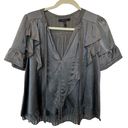 BCBG MaxAzria 100% Silk Short Sleeve Tie Neck Babydoll Blouse Gray Women's Small Photo 0