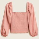 J.Crew  Squareneck Smocked Featherweight Pink Satin Long Sleeve Crop Top Photo 0