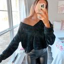 Entro Black Chenille V-Neck Off the Shoulder Oversized Sweater Photo 0