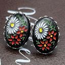 Daisy Vintage 1970s Black White  Red Floral Cabochon Stainless Steel Earrings Photo 0