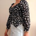 Lane 201 Navy Blue Flattering Floral Long Sleeve Puffy Sleeve Peplum Blouse Top Photo 4