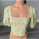 BP  Nordstrom Floral Linen Crop Top Size XS Puff Sleeve Smocked Green Yellow N2 Photo 0