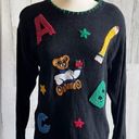 Vintage Teacher Sweater Black Knit Beaded Applique small ABC ruler Photo 0