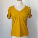 Cyrus Solid Mustard Short Puff Sleeve V-Neck Blouse Photo 0