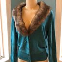 CAbi  Faux Fur Neckline Cardigan in Teal Photo 1