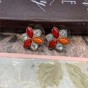 Vintage Red Orange Coral Floral Gold Tone Crystal Rhinestone Stud Earrings Photo 1