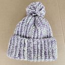 Handmade Crochet  Chunky Ribbed Beanie  Cream Purple Pompom Warm Hat Cap Photo 3