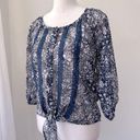 Full Tilt  Navy Blue & White Sheer Floral Print Tie-Front Blouse Photo 2