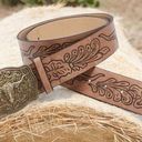 Western Bull Head Buckle Plus Size Belt Vintage Style Faux Leather Embossed 1XL Tan Photo 0