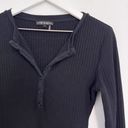 Free The Roses  Ribbed Knit Henley V-Neck Button Front Bodysuit Top Black Large Photo 3