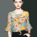 Mulberry Lonyuash 100%  Silk Floral Sheer Flare Cutout Sleeves Front Tie Blouse S Photo 6