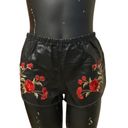 American Vintage  Black Faux Leather Short Red Floral Embroidery Photo 4