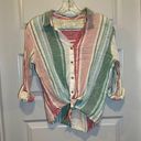 Harper  Multicolor Striped 3/4 Roll Tab Sleeve Button Up Tie Knot Blouse XS Photo 0