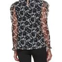 DKNY  FLORAL Long Sleeve Ruffle Neck Blouse Top SIZE SMALL white black Photo 2