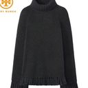 Tory Burch  Jessica Wool Alpaca Blend Tassels Black Turtleneck Poncho Sweater L Photo 0