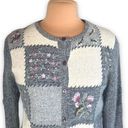 Dress Barn Vintage  Cardigan Sweater Knit Gray Patchwork Round Neck Pastel Floral Photo 1