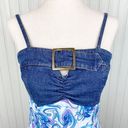 Metro Vintage Y2K  Style Stretch Denim Buckle Tank Blue Purple Printed Scarf Top Photo 2