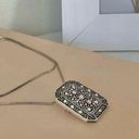 American Vintage Vintage “Jayne” Silver Tone Charm Pendant Necklace Rectangle Scroll Work Metallic Pin Photo 3