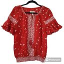 The Moon ✨Ella Top Boho Sz Large  Shirt Red Smocked Waist Ruffle Sleeve Tassel Tie✨ Photo 3