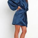 Petal and Pup  Opal Navy Blue Satin Long Balloon Sleeve Wrap Mini Dress 4 Photo 8