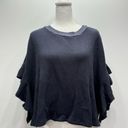 Edge NEW BUCKETLIST Navy Blue Waffle Knit Raw  Flutter Sleeve Slouchy Cropped Top Photo 1