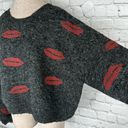 POL  Oversized Sweater Size Medium Boxy Pullover Knit Fuzzy Gray Red Lips Photo 4