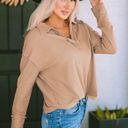 Edge NEW Tan Waffle Knit V Neck Collared Long Sleeve Top with Raw  Stitching Photo 1