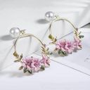 Women's Pearl Pink Crystal Flower Dangle Drop Hoop Earrings Gold Photo 3