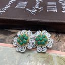 Petal 1950s Vintage Large Green Jade White Flower  Earrings Gold Tone Photo 3