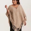 Torrid Fringe Lace Up Poncho M/L Beige Marled Knit Popover Tassle V-Neck Shawl Photo 0