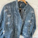 Free People  Distressed Denim Bomber Jean Jacket  Small Zip and Snap Up Front Photo 7