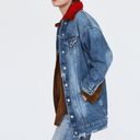 ZARA Long Distressed Denim Jean Jacket Faux Fur Collar Leopard Print Oversized S Photo 2