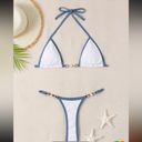 Boutique NWOT (M) Sea Pearl Bikini Set Halter top/thong bottom in white and baby blue Photo 2