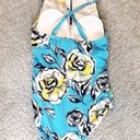 Garnet Hill  Swimsuit One Piece Teal Blue Yellow Floral Keyhole Neck 8 Photo 1