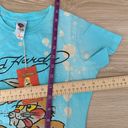 Ed Hardy Small NEW Rabbit Print Sky Blue Baby Tee Splattered Grey Y2K Deadstock Photo 4