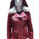 LA Coalition  Faux Leather Jacket Faux Fur Size Medium Red Hooded Photo 1