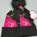 Betsey Johnson Women's Floral Knit Beanie With Faux Fur Pom Pom Roses Winter Pink Photo 4