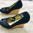 Charlotte Russe Black Canvas Peep Toe Natural Cork Wedges Size 6 Photo 3