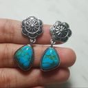 Vintage women silver plated Turquoise Dangle Drop Hoop Earrings Blue Photo 1