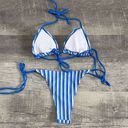 Blue White Striped Terry Cloth Tie Bikini Set Womens M Halter Top Cheeky Bottom Size M Photo 3